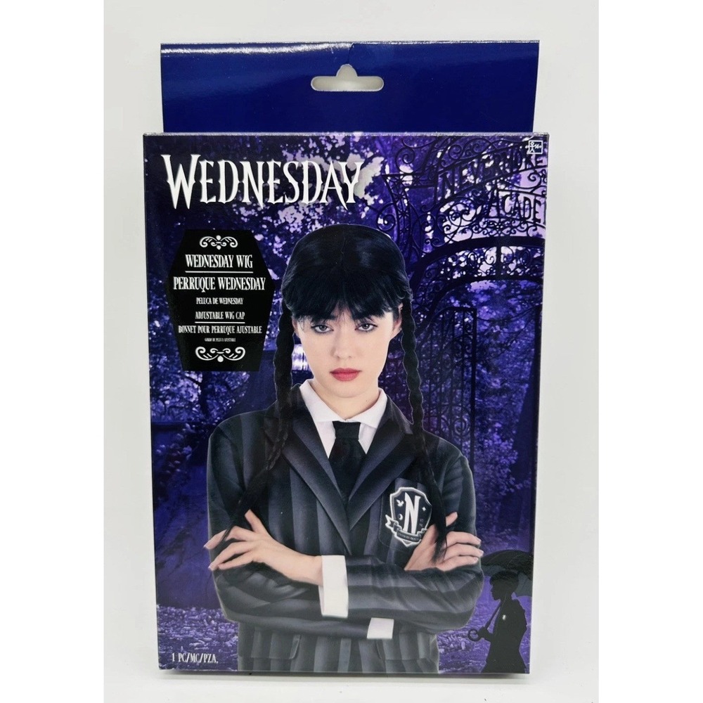 Wednesday Addams Wig Costume Pigtail Braids adams family Nevermore Black